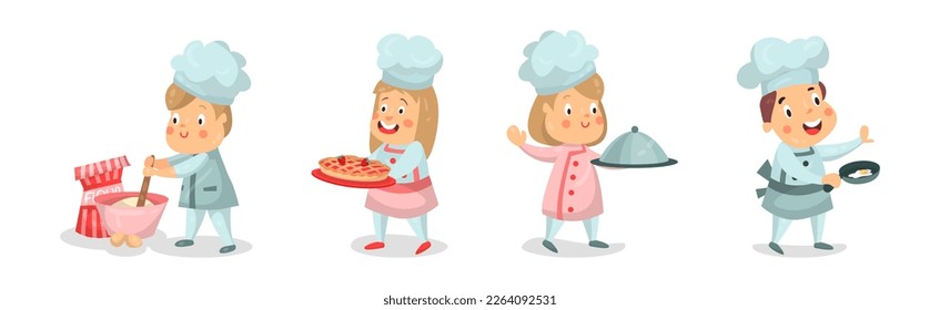 Children Chef Characters in Toque and Uniform Cooking Meal Vector Set