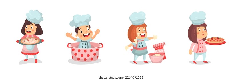 Children Chef Characters in Toque and Uniform Cooking Meal Vector Set