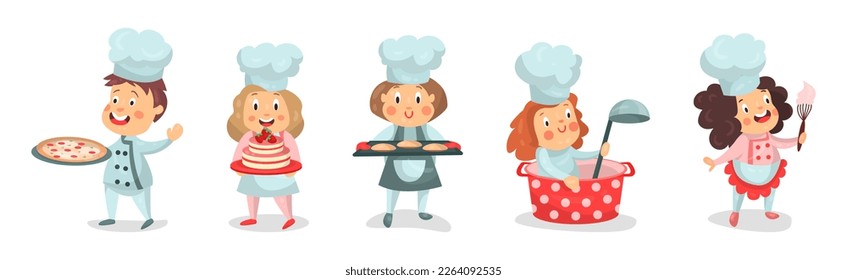 Children Chef Characters in Toque and Uniform Cooking Meal Vector Set