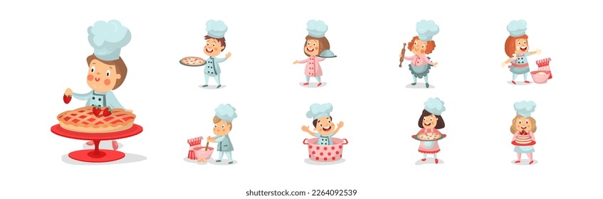 Children Chef Characters in Toque and Uniform Cooking Meal Vector Set