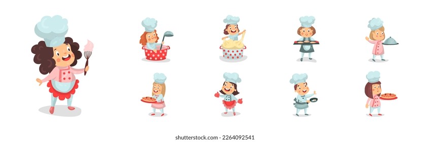 Children Chef Characters in Toque and Uniform Cooking Meal Vector Set