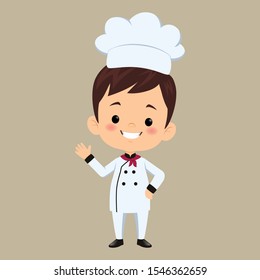 children chef cooks. Cartoon mascots character in dynamic poses. People boy and girl chef in white hat, vector illustration - Vector