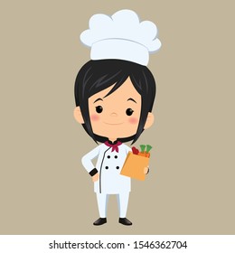 children chef cooks. Cartoon mascots character in dynamic poses. People boy and girl chef in white hat, vector illustration - Vector