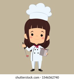 children chef cooks. Cartoon mascots character in dynamic poses. People boy and girl chef in white hat, vector illustration - Vector