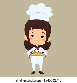 children chef cooks. Cartoon mascots character in dynamic poses. People boy and girl chef in white hat, vector illustration - Vector