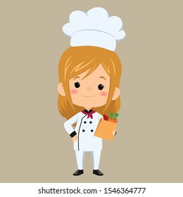 children chef cooks. Cartoon mascots character in dynamic poses. People boy and girl chef in white hat, vector illustration - Vector
