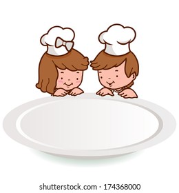 Children with chef hats and looking over at a blank dinner plate. Vector illustration