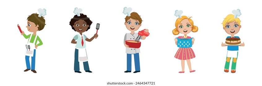 Children Chef in Uniform Cooking and Preparing Food Vector Set