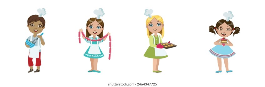 Children Chef in Uniform Cooking and Preparing Food Vector Set