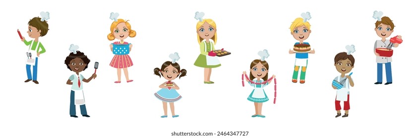 Children Chef in Uniform Cooking and Preparing Food Vector Set