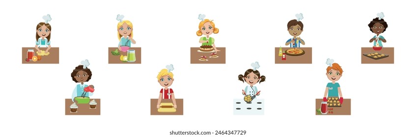 Children Chef in Uniform Cooking and Preparing Food Vector Set