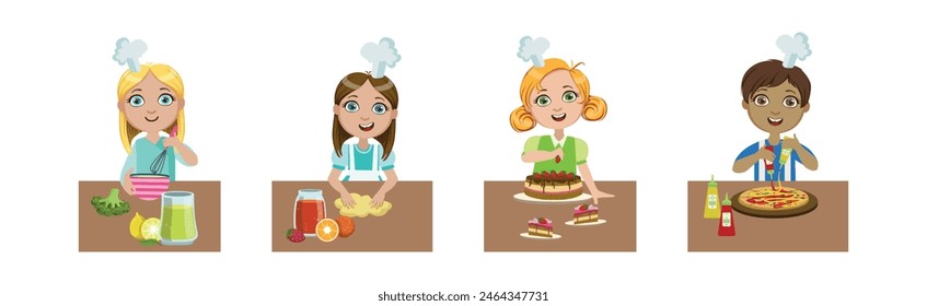 Children Chef in Uniform Cooking and Preparing Food Vector Set