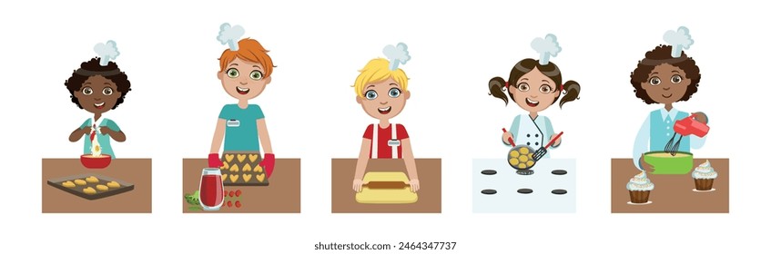 Children Chef in Uniform Cooking and Preparing Food Vector Set