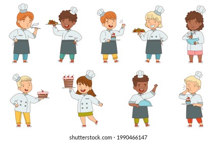 Children Chef in White Toque and Uniform Engaged in Food Preparation Vector Set