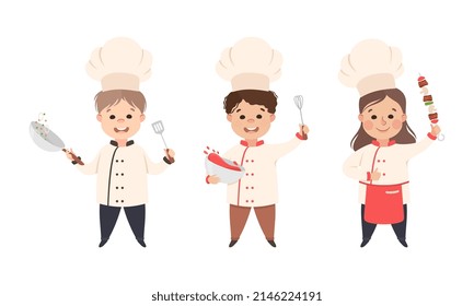 Children Chef in White Toque and Uniform Enjoying Culinary and Cookery Holding Shashlik on Skewer and Whisk with Bowl Vector Set