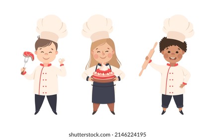 Children Chef in White Toque and Uniform Enjoying Culinary and Cookery Holding Cake and Rolling Pin Vector Set