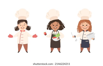 Children Chef in White Toque and Uniform Enjoying Culinary and Cookery Holding Pot and Bowl with Vegetable Vector Set