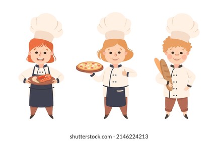 Children Chef in White Toque and Uniform Enjoying Culinary and Cookery Holding Pizza and Fresh Bread Vector Set