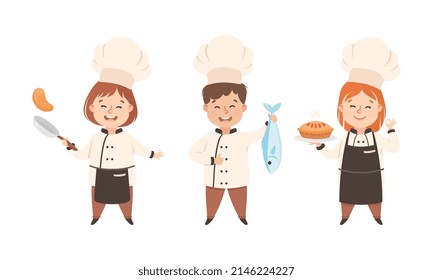 Children Chef in White Toque and Uniform Enjoying Culinary and Cookery Holding Baked Pie and Fish Vector Set