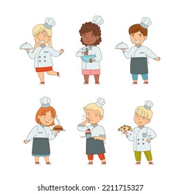 Children Chef in White Toque and Uniform Engaged in Food Preparation Vector Set