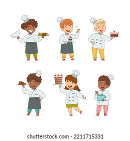 Children Chef in White Toque and Uniform Engaged in Food Preparation Vector Set