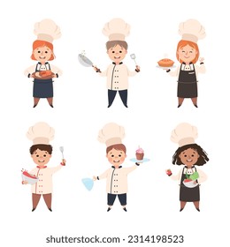 Children Chef in White Toque and Uniform Enjoying Culinary and Cookery Vector Set