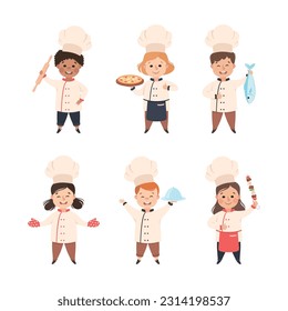 Children Chef in White Toque and Uniform Enjoying Culinary and Cookery Vector Set