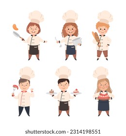 Children Chef in White Toque and Uniform Enjoying Culinary and Cookery Vector Set