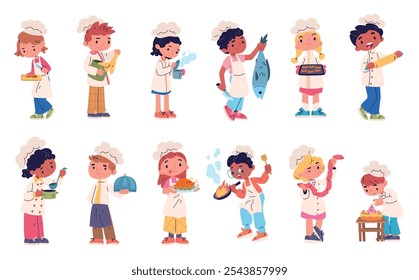 Children chefs. Chief cook kids cartoon characters, funny boy girl in cooks uniform hat apron young bakers child cookery profession food preparation, set classy vector illustration original artwork