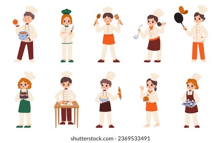 Children chefs cooking. Isolated kids in chef uniform bakes. Childish workshop on kitchen, cute little toddlers doing food, snugly vector set