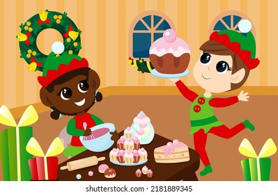 Children in chef's hats prepare sweets before Christmas in the room or in the kitchen. On the table are cupcakes and muffins, sweets in a jar, a rolling pin for dough. Children cook in cartoon style.