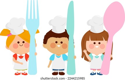 Children chefs holding a fork, a knife and a spoon. Kids meal. Vector Illustration.