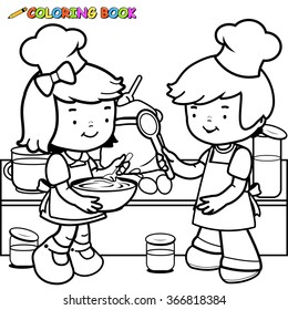 Children chefs on cooking class. A little boy and a little girl cooking in the kitchen at home. Vector black and white coloring page.