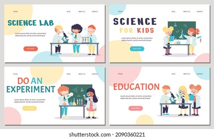 Children in chemical laboratory doing science experiment in flat vector illustration isolated on white background. Set of banners with smart cartoon girls and boys getting school education