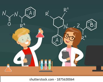 Children Chemist Scientists Characters Experimenting with Mixing Chemicals at Chemistry Lesson Cartoon Vector Illustration
