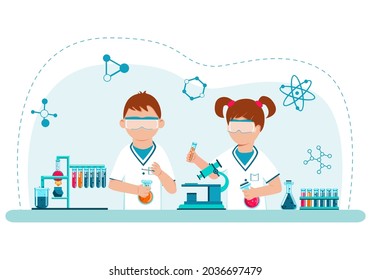 Children in a chemistry or biology lesson. Back to school. Education. Profile profession. Cartoon style. Vector.