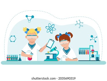 Children in the chemistry class conduct experiments. The concept of specialized education from adolescence. Scientific School of Chemistry. Vector. Cartoon style