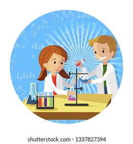 Children in Chemistry Class Making Experiments. Vector Illustration on Blue Background. Flat in White Round Frame. Happy Boy and Girl in White Coats Rejoice Experiments with Chemical Elements.
