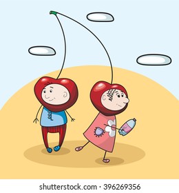  children cherries sparking water vector