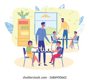 Children Chess Club or School Interior Background. Kids Cartoon Characters Playing Chess under Teachers Guidance. Extracurricular or Out-of-school Education and Studying. Flat Vector Illustration.