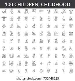 Children, childhood, preschooler, newborn, kid health, playing games, kindergarten, teenager lifestyle line icons, signs. Illustration vector concept. Editable strokes