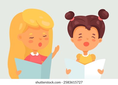 Children choir. Cute girls singing in duet. Young female characters performing song. Concert, performance rehearsal. Cartoon vector illustration.