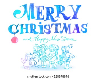 Children Choir. Funny kids singing Christmas Carols. Cute characters in cartoon and comic style. Vector illustration with lettering MERRY CHRISTMAS and HAPPY NEW YEAR. Design for your greeting card.