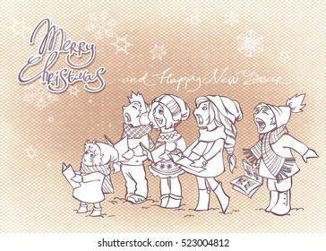 Children Choir. Funny kids singing Christmas Carols. Cute characters in cartoon and comic style. Vector illustration with lettering MERRY CHRISTMAS and HAPPY NEW YEAR. Design for your greeting card.