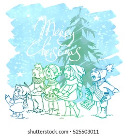 Children Choir. Funny kids singing Christmas Carols. Cute characters in cartoon and comic style. Vector illustration with lettering MERRY CHRISTMAS. Design for your greeting card.