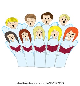 Children choir. The children are singing. Children in long suits of angels sing along the notes. Singing lesson.