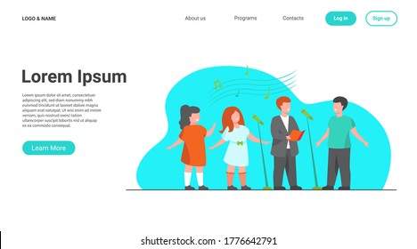 Children choir singing song in church flat vector illustration. Group of kids singing to microphone. Activity, music and entertainment concept.