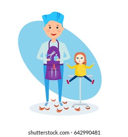 Children choose profession. Boy in role of hairdresser, with scissors in his hands and accompanying equipment, cuts his hair trying hair on the doll. Vector illustration isolated on white background.