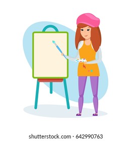 Children choose a profession. The girl, holding a brush and paints in her hands, stands before the canvas, tries herself as an artist. Modern vector illustration isolated on white background.