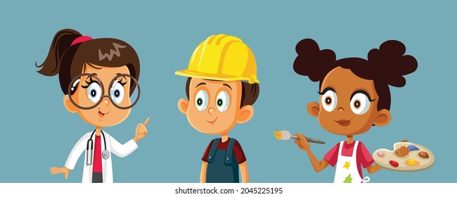 Children Choosing Professions for the Future Vector Illustration. Funny students portrayed future occupation and dream job 
